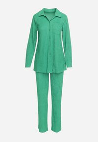 Born2be - Zielony 3-częściowy Komplet Casual z Plisowanej Tkaniny Spodnie Top i Koszula Farella. Kolor: zielony. Materiał: tkanina #4