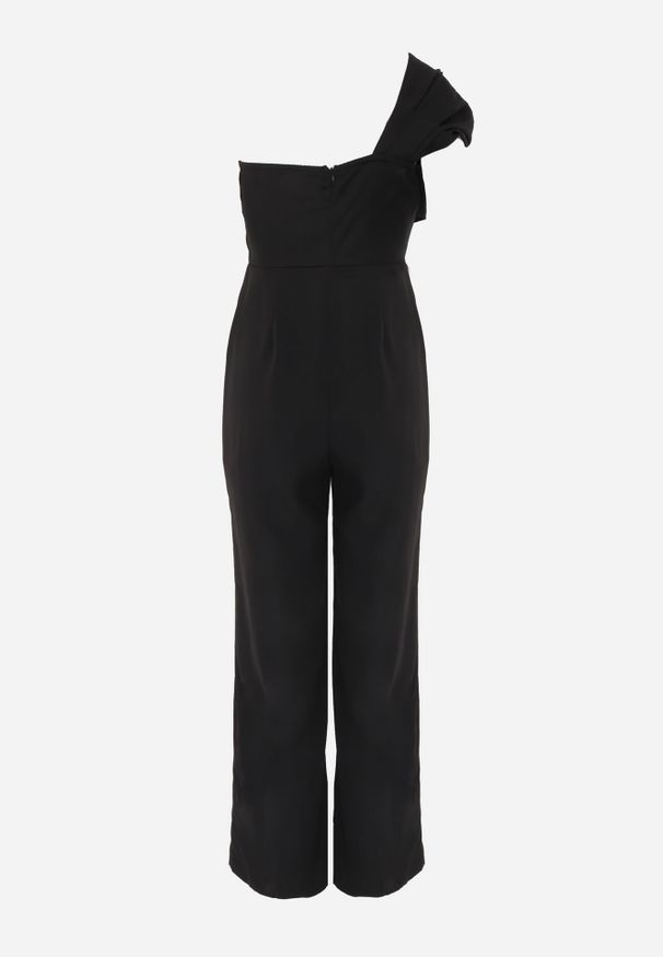 Renee - Czarny Kombinezon VICES na Jedno Ramię z Wiązaniem Arrida. Kolor: czarny. Materiał: zamsz. Styl: elegancki, wizytowy