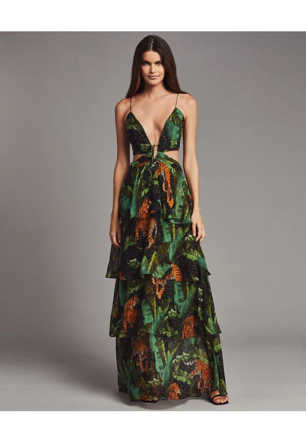 RETROFETE - Sukienka z egzotycznym wzorem Paulina. Kolor: zielony. Długość rękawa: na ramiączkach. Styl: wakacyjny. Długość: maxi
