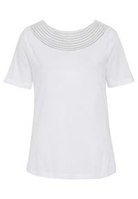 Shirt z ozdobnym dekoltem bonprix biały. Kolor: biały. Materiał: koronka. Długość rękawa: krótki rękaw. Długość: krótkie #1