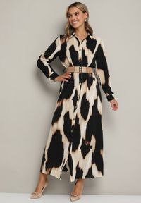 Born2be - Beżowo-Czarna Panterkowa Sukienka w Koszulowym Stylu z Elastycznym Paskiem Tinellea. Okazja: do pracy. Typ kołnierza: dekolt w serek. Kolor: beżowy. Materiał: skóra. Typ sukienki: koszulowe. Styl: elegancki #5