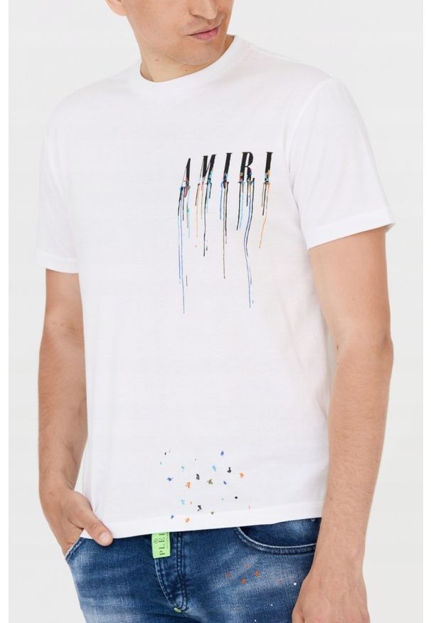 Amiri - AMIRI T-shirt biały z efektem kolorowej farby. Kolor: biały. Wzór: kolorowy