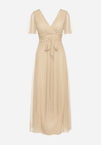 Born2be - Beżowa Kopertowa Rozkloszowana Sukienka z Wiązaniem w Talii Kolea. Okazja: na wesele, na ślub cywilny, na studniówkę, na imprezę. Typ kołnierza: dekolt w kształcie V. Kolor: beżowy. Długość rękawa: krótki rękaw. Typ sukienki: kopertowe. Styl: klasyczny, elegancki #7