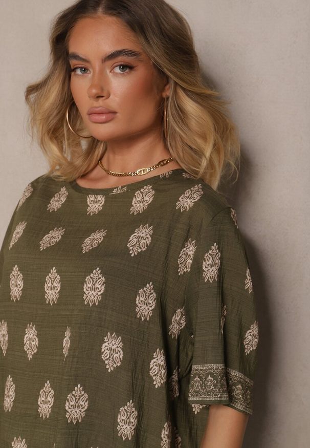 Renee - Ciemnozielony Komplet z Wiskozy w Etniczny Wzór Bluzka i Spodnie z Gumką w Pasie Natirva. Kolor: zielony. Materiał: wiskoza