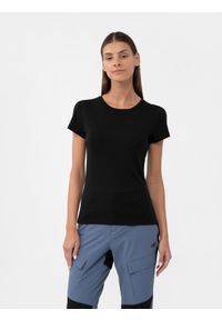 4f - T-shirt regular z wełną Merino damski. Kolor: czarny. Materiał: wełna