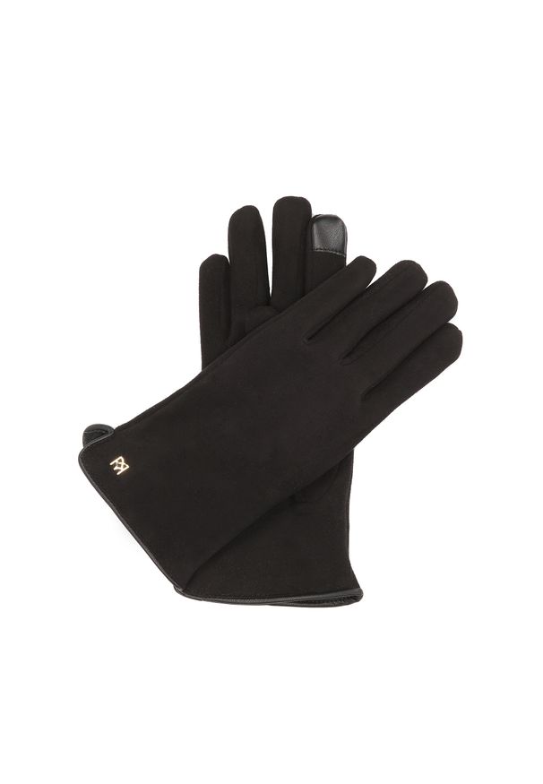 Kazar - Eleganckie czarne rękawiczki z tkaniny. Kolor: czarny. Materiał: tkanina. Wzór: gładki, aplikacja. Styl: elegancki