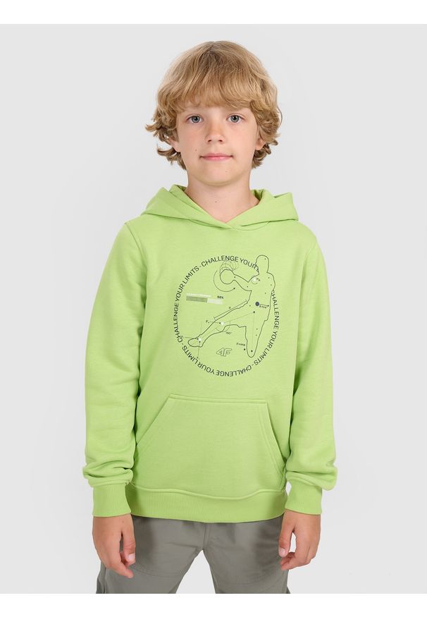 4f - 4F Bluza dresowa nierozpinana z kapturem chłopięca - zielona 134 (8-9 lat). Okazja: na co dzień. Typ kołnierza: kaptur. Kolor: zielony. Materiał: dresówka. Wzór: gładki, nadruk, ze splotem. Sezon: lato. Styl: casual, sportowy