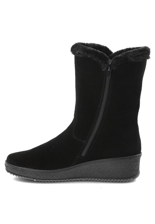 Czarne Botki Rieker Ocieplane Buty Damskie Na Koturnie. Okazja: na co dzień. Kolor: czarny. Materiał: zamsz, futro. Sezon: zima. Obcas: na koturnie. Styl: klasyczny, casual, elegancki