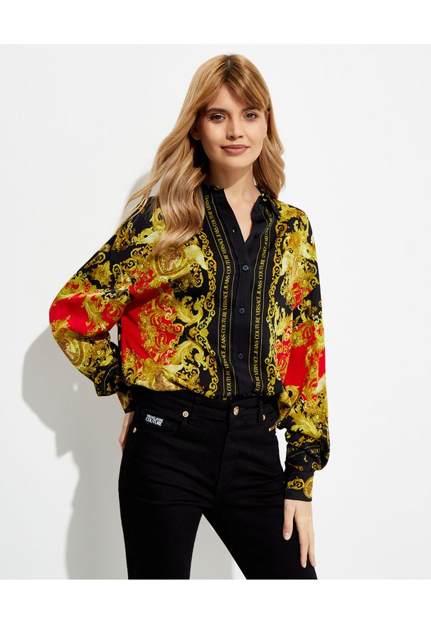 Versace Jeans Couture - VERSACE JEANS COUTURE - Koszula z motywem barokowym. Kolor: czarny. Materiał: wiskoza. Długość: długie. Wzór: nadruk