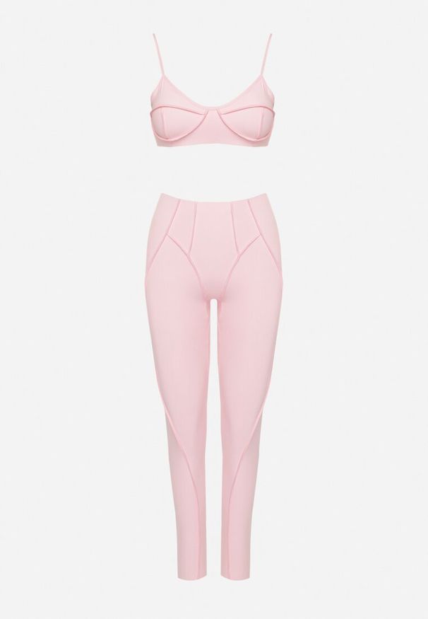 Born2be - Jasnoróżowy Komplet Sportowy z Ozdobnymi Przeszyciami Legginsy i Top na Ramiączkach Filinella. Kolor: różowy. Materiał: skóra