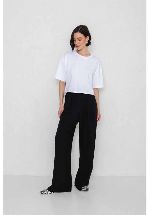 SPODNIE JANE CZARNE XS - Flawless. Okazja: na co dzień. Stan: podwyższony. Kolor: czarny. Materiał: wiskoza, skóra. Wzór: gładki. Styl: klasyczny, casual, elegancki