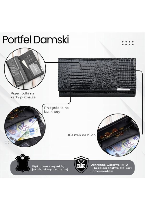 JENNIFER JONES - Portfel damski skórzany lakierowany czarny z tłoczeniem croco SP-16-CBL. Kolor: czarny. Materiał: skóra