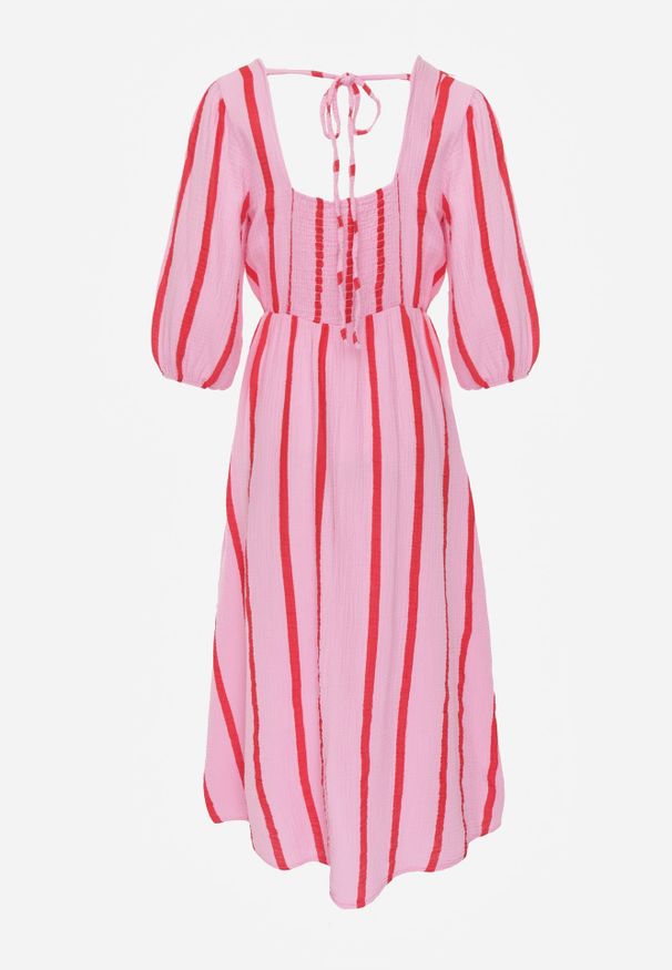 Renee - Różowo-Pomarańczowa Bawełniana Sukienka w Paski o Rozkloszowanym Kroju Legelia. Kolor: różowy. Materiał: bawełna. Wzór: paski. Typ sukienki: rozkloszowane