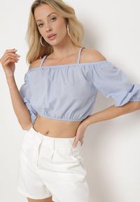 Born2be - Niebieska Bawełniana Bluzka Top Hiszpanka na Regulowanych Ramiączkach Efiada. Okazja: na co dzień. Typ kołnierza: dekolt hiszpanka. Kolor: niebieski. Materiał: bawełna. Długość rękawa: na ramiączkach. Styl: klasyczny, casual
