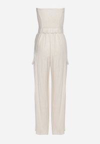 Born2be - Jasnobeżowy Kombinezon Zwężany w Talii Lnem i Wiskozą Qurefia. Okazja: na co dzień. Kolor: beżowy. Materiał: len, wiskoza. Długość: długie. Styl: casual, elegancki #6