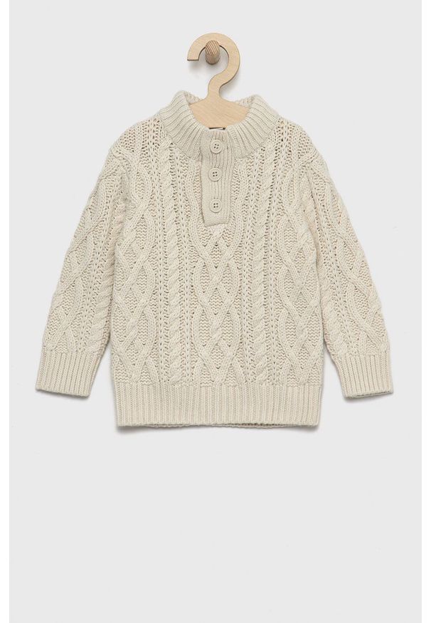 GAP sweter z domieszką wełny dziecięcy kolor beżowy ciepły. Okazja: na co dzień. Kolor: beżowy. Materiał: wełna. Długość: krótkie. Styl: casual