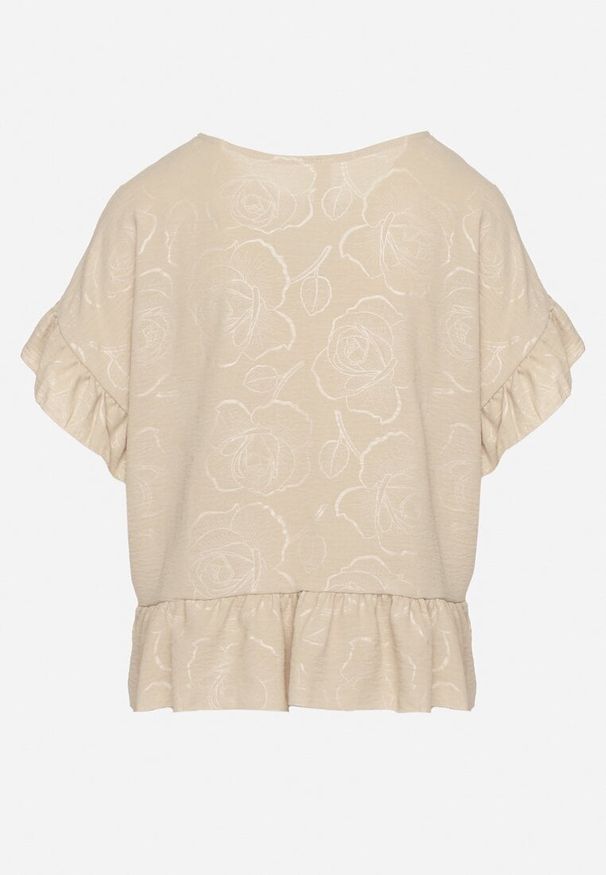 Born2be - Beżowa Bluzka o Kroju Oversize z Falbanami Livelle. Okazja: na co dzień. Kolor: beżowy. Materiał: jeans. Długość rękawa: krótki rękaw. Długość: krótkie. Styl: casual