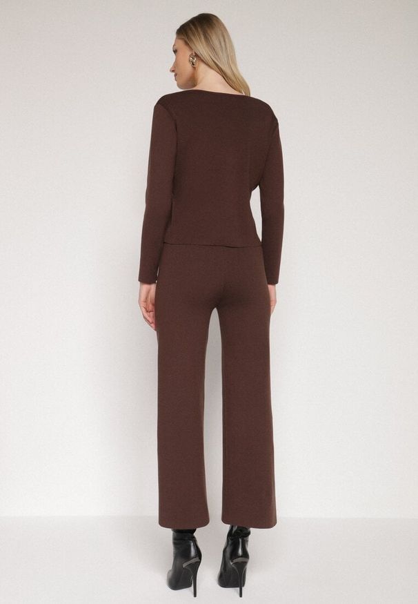 Born2be - Brązowy Dzianinowy Komplet z Wiskozą w Eleganckim Stylu Kardigan i Spodnie Delisana. Kolor: brązowy. Materiał: wiskoza, dzianina