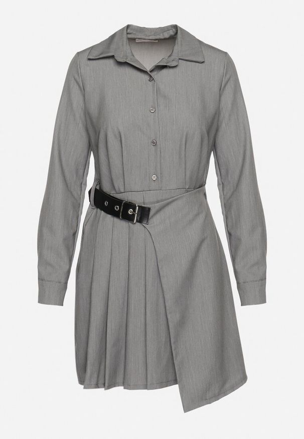 Born2be - Szara Sukienka Koszulowa z Plisowanym Asymetrycznym Dołem z Paskiem Vattea. Kolor: szary. Typ sukienki: asymetryczne, koszulowe