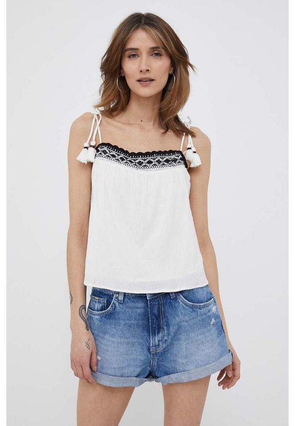 Pepe Jeans top bawełniany Beni kolor biały. Kolor: biały. Materiał: bawełna. Długość rękawa: na ramiączkach. Wzór: haft