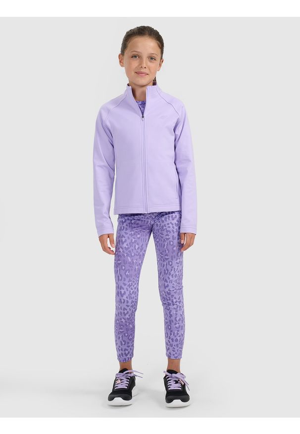4f - 4F Bluza sportowa rozpinana bez kaptura dziewczęca - fioletowa 122/128 (6-8 lat). Okazja: na co dzień. Typ kołnierza: bez kaptura. Kolor: fioletowy. Materiał: dzianina. Sezon: lato. Styl: sportowy