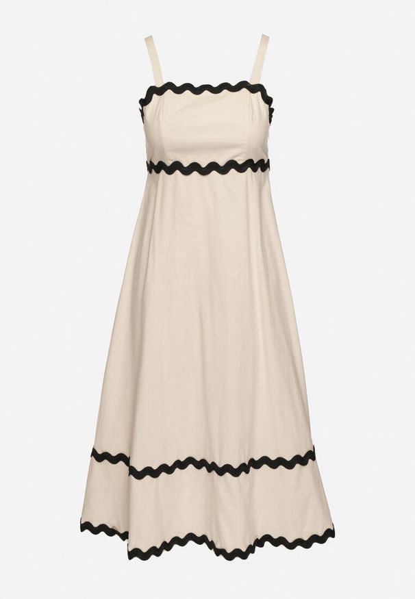 Born2be - Beżowa Sukienka z Bawełną Wiskozą na Ramiączkach z Lamówką Ilanise. Okazja: na spacer, na co dzień. Kolor: beżowy. Materiał: wiskoza, bawełna. Długość rękawa: na ramiączkach. Wzór: aplikacja. Sezon: lato. Typ sukienki: proste. Styl: casual, elegancki