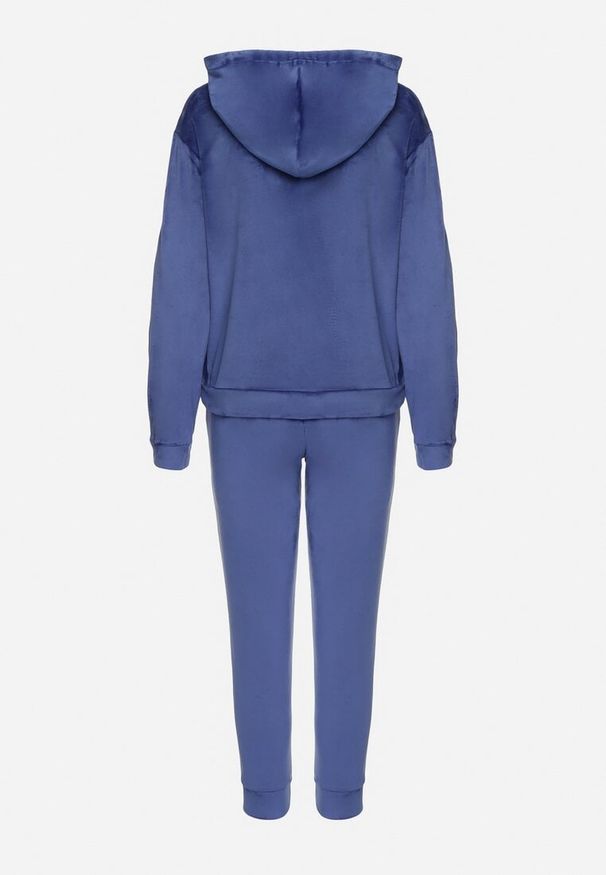 Born2be - Granatowy Komplet Dresowy z Bawełną Bluza z Kapturem i Kieszenią Spodnie z Gumką w Talii Quesaria. Kolor: niebieski. Materiał: bawełna, dresówka