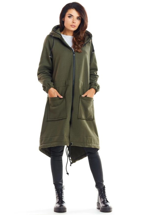 Infinite You - Ciepła długa bluza damska jak parka bawełna premium khaki. Okazja: na co dzień. Kolor: brązowy. Materiał: bawełna. Długość: długie. Styl: casual