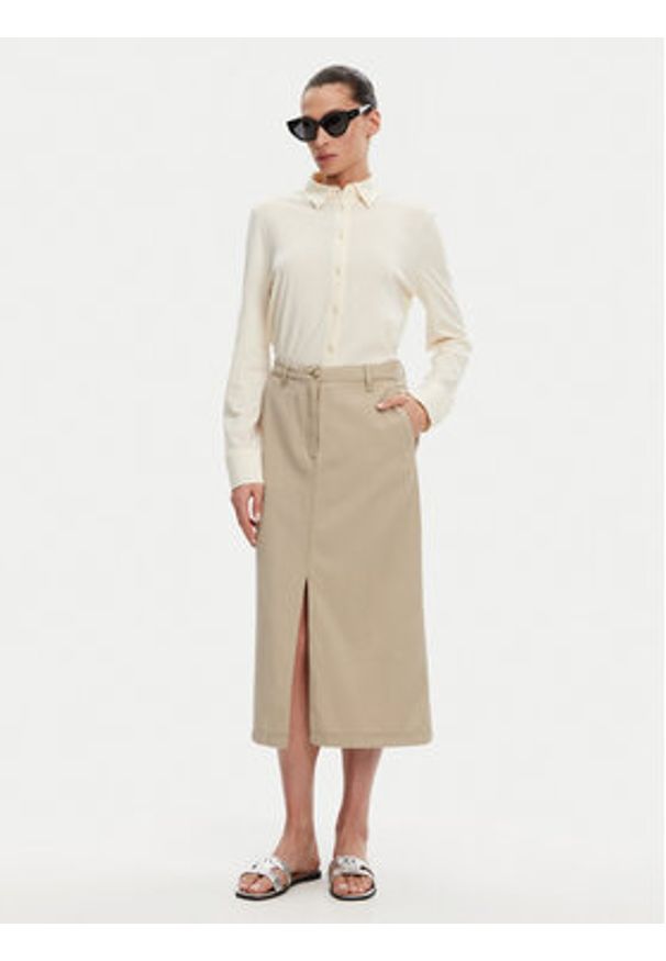 TOMMY HILFIGER - Tommy Hilfiger Spódnica midi WW0WW44726 Beżowy Regular Fit. Kolor: beżowy. Materiał: bawełna