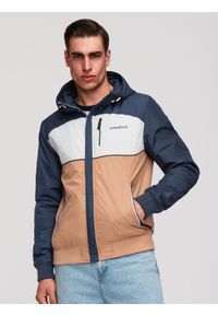 Ombre Clothing - Lekka kolorowa męska kurtka sportowa z polarem – brązowo-granatowa V1 - Rozmiar: M. Typ kołnierza: kołnierzyk stójkowy. Kolor: biały. Materiał: polar. Wzór: kolorowy. Styl: sportowy