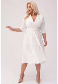 Moda Size Plus Iwanek - Elegancka żakietowa sukienka Marietta w kolorze ecru XXL OVERSIZE WIOSNA. Okazja: na spotkanie biznesowe, na co dzień. Materiał: elastan, materiał, tkanina, poliester. Sezon: wiosna. Typ sukienki: oversize. Styl: elegancki