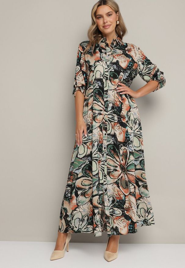 Born2be - Czarno-Beżowa Koszulowa Kwiatowa Sukienka z Wiskozy Ozdobiona Guzikami Enanoris. Okazja: na co dzień. Kolor: czarny. Materiał: wiskoza. Długość rękawa: długi rękaw. Wzór: aplikacja, kwiaty. Typ sukienki: koszulowe. Styl: casual, elegancki