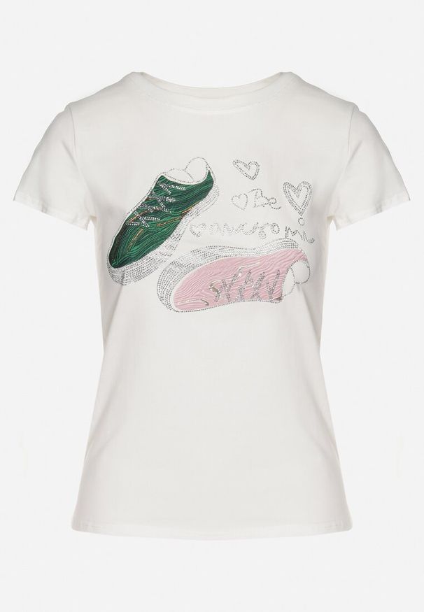 Born2be - Biały Bawełniany T-shirt z Nadrukiem z Cyrkoniami Karissen. Okazja: na co dzień. Kolor: biały. Materiał: bawełna. Wzór: nadruk. Styl: klasyczny, elegancki, casual