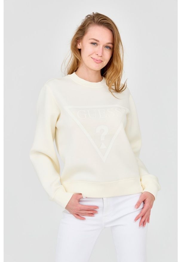 Guess - GUESS Damska bluza w kolorze ecru z dużym logo, Rozmiar L. Kolor: biały. Materiał: wiskoza