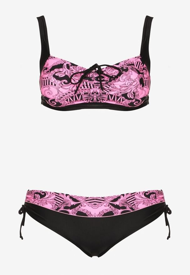 Born2be - Różowe Bikini ze Ściągaczami Biustonosz i Majtki Figi Miladenna. Kolekcja: plus size. Kolor: różowy. Materiał: len. Wzór: aplikacja