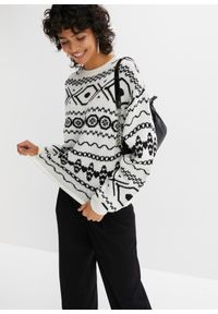 bonprix - Sweter z płytkim dekoltem, w norweski wzór. Kolor: biały