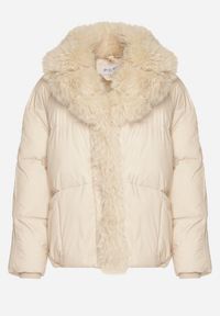 Born2be - Beżowa Pikowana Kurtka Oversize z Futrzanymi Zdobieniami Saranessa. Okazja: na co dzień. Kolor: beżowy. Materiał: futro. Wzór: aplikacja. Styl: casual #5