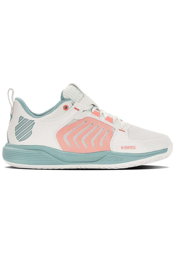 Buty do tenisa damskie K-Swiss Ultrashot Team Allcourt. Zapięcie: sznurówki. Kolor: biały, beżowy, niebieski, wielokolorowy. Materiał: materiał, tkanina, syntetyk. Szerokość cholewki: normalna. Sport: tenis