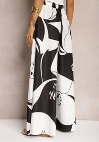 Renee - Czarno-Białe Szerokie Spodnie Palazzo z Wiskozy High Waist z Gumką w Pasie Vorrlea. Okazja: na co dzień. Stan: podwyższony. Kolor: czarny. Materiał: wiskoza. Styl: casual #4