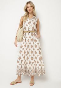 Born2be - Beżowa Wiskozowa Sukienka Koszulowa z Paskiem z Klamrą Eraniela. Okazja: na co dzień. Typ kołnierza: dekolt w kształcie V. Kolor: beżowy. Materiał: wiskoza. Typ sukienki: koszulowe. Styl: sportowy, klasyczny, casual, elegancki #1