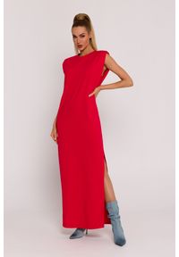 MOE - Długa bawełniana sukienka maxi czerwona. Okazja: na co dzień. Kolor: czerwony. Materiał: bawełna. Typ sukienki: oversize. Styl: casual, elegancki. Długość: maxi
