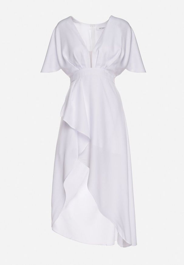 Born2be - Jasnobeżowa Koktajlowa Sukienka Vices o Asymetrycznym Kroju z Falbanką Finexia. Okazja: na wesele, na imprezę, na ślub cywilny. Kolor: beżowy. Wzór: aplikacja. Typ sukienki: asymetryczne. Styl: wizytowy