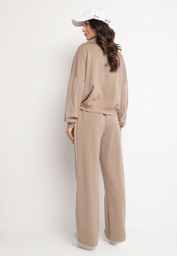 Born2be - Beżowy Komplet Dresowy z Wiskozą w Stylu Retro Bluza i Szerokie Spodnie Lavriz. Kolor: beżowy. Materiał: dresówka, wiskoza