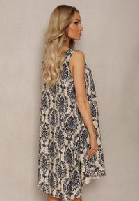 Renee - Beżowo-Granatowa Casualowa Sukienka z Bawełny o Rozkloszowanym Kroju Mellilla. Okazja: na co dzień. Kolor: beżowy. Materiał: bawełna. Sezon: lato. Styl: casual #3