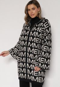 Born2be - Czarno-Biały Rozpinany Kardigan z Kapturem z Motywem Liter Belletusa. Okazja: na co dzień. Typ kołnierza: kaptur. Kolor: czarny. Materiał: jeans. Styl: casual #1