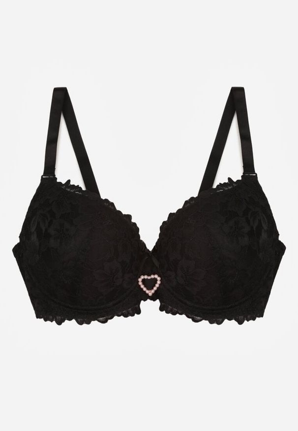 Born2be - Czarny Biustonosz z Koronką i Sercem z Cyrkonii Coratune. Kolor: czarny. Materiał: koronka. Wzór: koronka