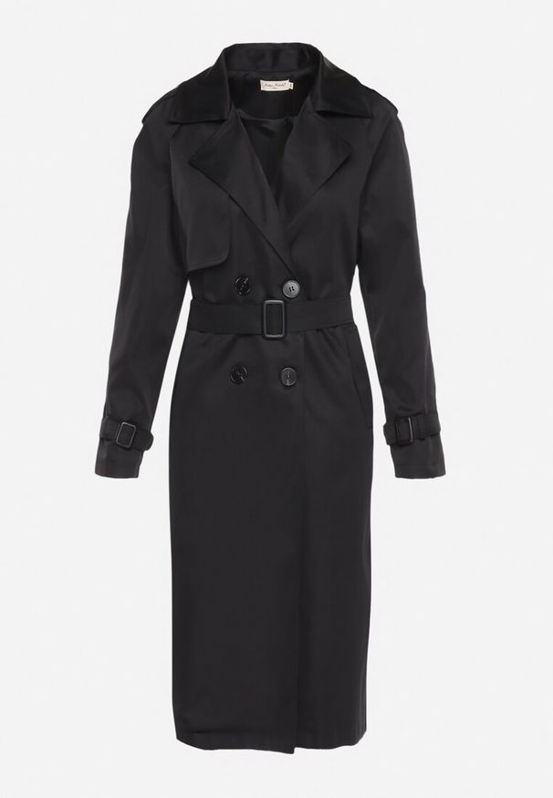 Born2be - Czarny Długi Płaszcz Trencz o Klasycznym Fasonie z Paskiem Nasde. Okazja: na co dzień. Kolor: czarny. Materiał: jeans. Długość: długie. Styl: klasyczny