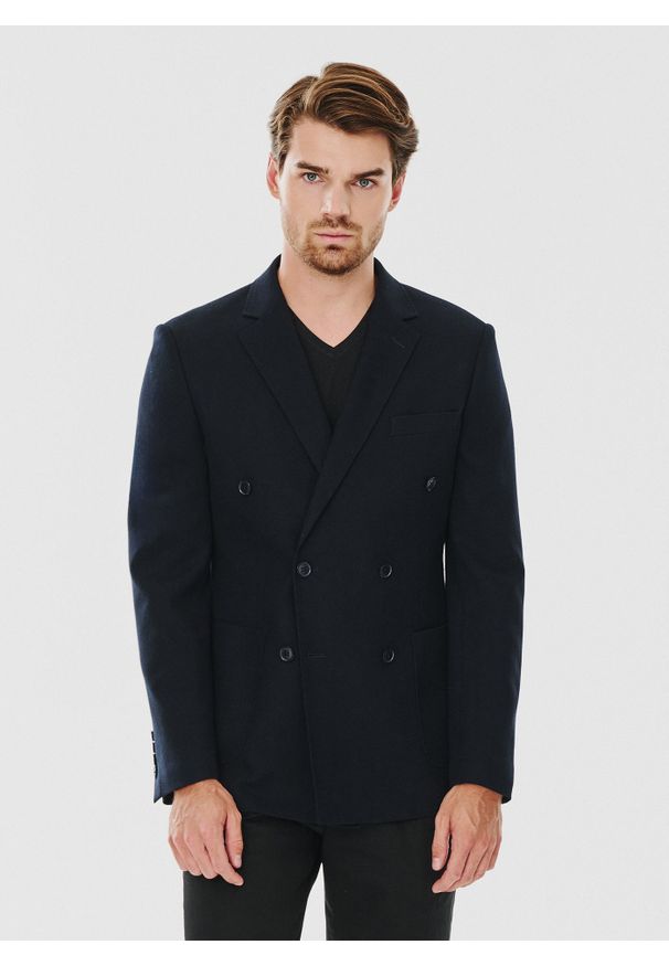 Pako Lorente - PAKO LORENTE – Granatowa dwurzędowa marynarka męska. Okazja: na co dzień. Kolor: czarny, niebieski. Materiał: wiskoza, poliester, elastan. Wzór: gładki. Styl: casual
