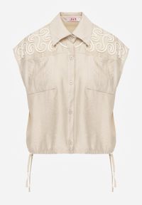 Born2be - Beżowa Wiskozowa Koszula Boho Bez Rękawów ze Ściągaczem w Pasie Limopise. Okazja: na co dzień. Kolor: beżowy. Materiał: wiskoza. Długość rękawa: bez rękawów. Wzór: aplikacja. Sezon: lato. Styl: boho #6