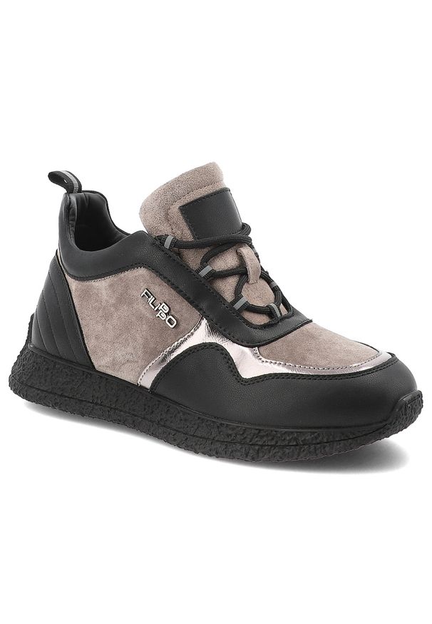 Sneakersy damskie Filippo, skórzane na płaskiej podeszwie sznurowane z okrągłym noskiem, taupe-czarne, DP7406-TP-BK. Okazja: na spacer, na co dzień. Nosek buta: okrągły. Kolor: czarny. Materiał: skóra. Obcas: na płaskiej podeszwie. Sport: turystyka piesza